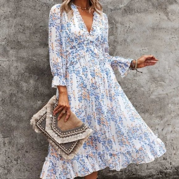 Floral Ditsy Ruffle Hem Dress white blue Shabby Chic Cottagecore - Picture 1 of 6